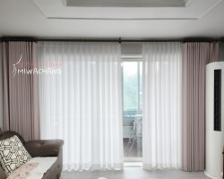아파트 거실 핑크베이지(펄) 암막 커튼+화이트 쉬폰 커튼 시공