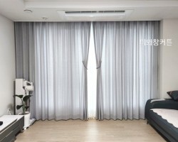 아파트 거실 블루그레이 린넨룩커튼 시공