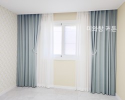 주택 작은방 민트 암막커튼 + 화이트 쉬폰커튼 시공